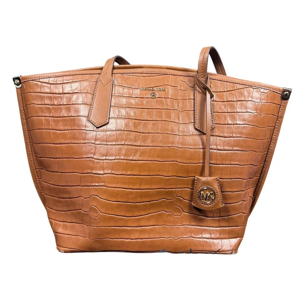 Michael Kors Tote Bag Tan Brown Croc Embossed Leather Shoulder Bag